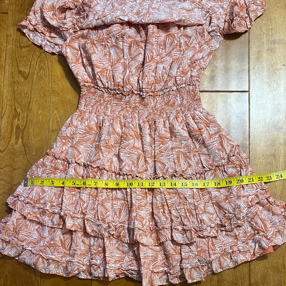 Forever 21 Off Shoulder Mini Dress Size Large Coral Floral Smocked Boho Beach - Picture 6 of 10